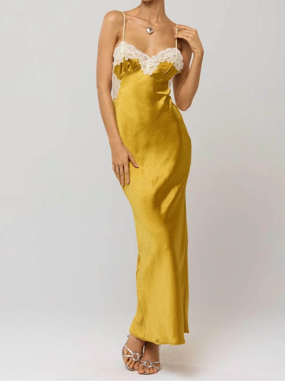 RESA Mustard Satin Maxi Slip Dress with Cream Lace Trim NWT! Sold out online!